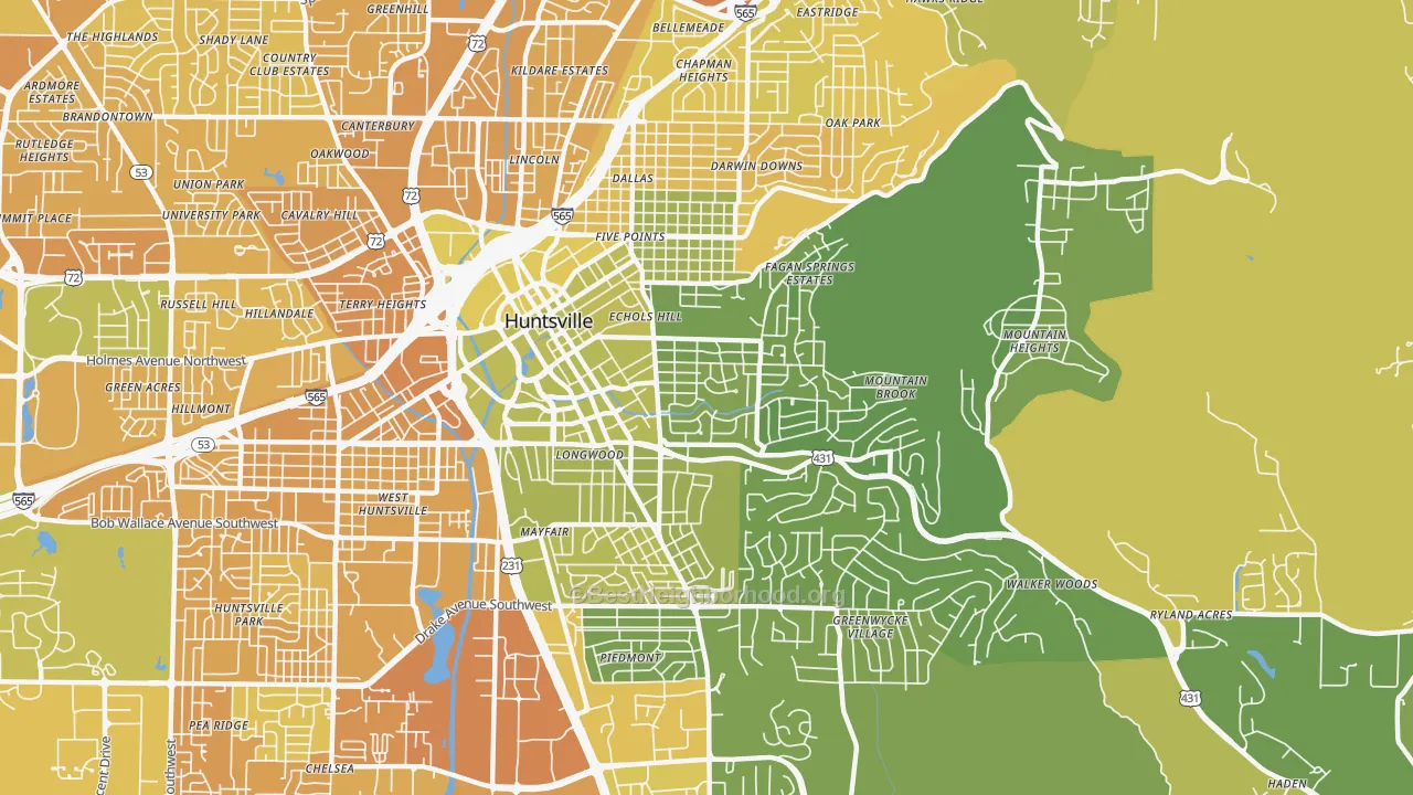 Map of the best neighborhoods in the 35801 area, with better matches in green and worse matches in red