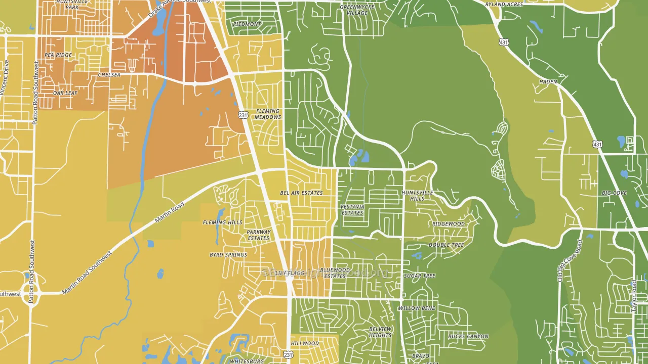 Map of the best neighborhoods in the 35802 area, with better matches in green and worse matches in red