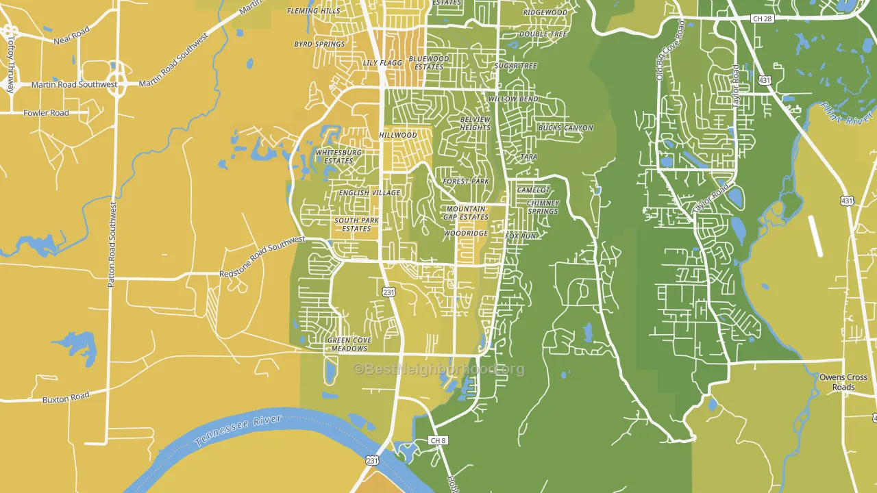 Map of the best neighborhoods in the 35803 area, with better matches in green and worse matches in red