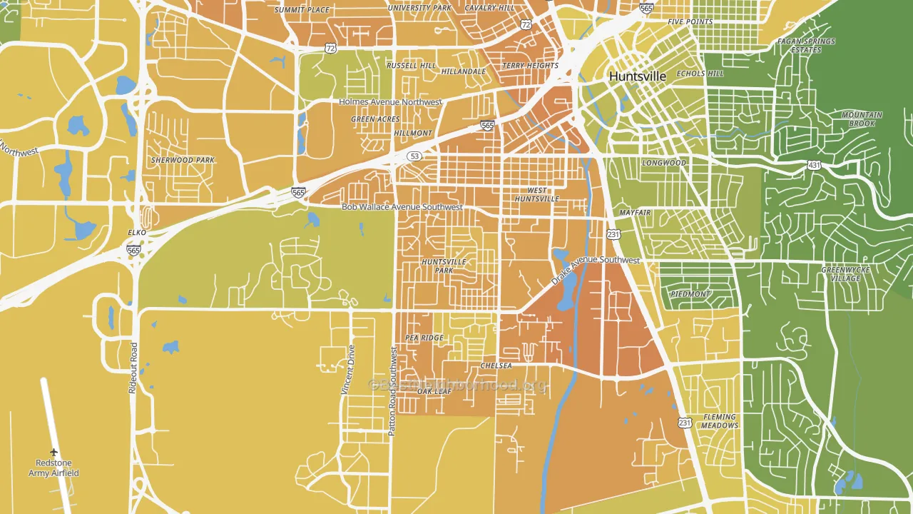 Map of the best neighborhoods in the 35805 area, with better matches in green and worse matches in red
