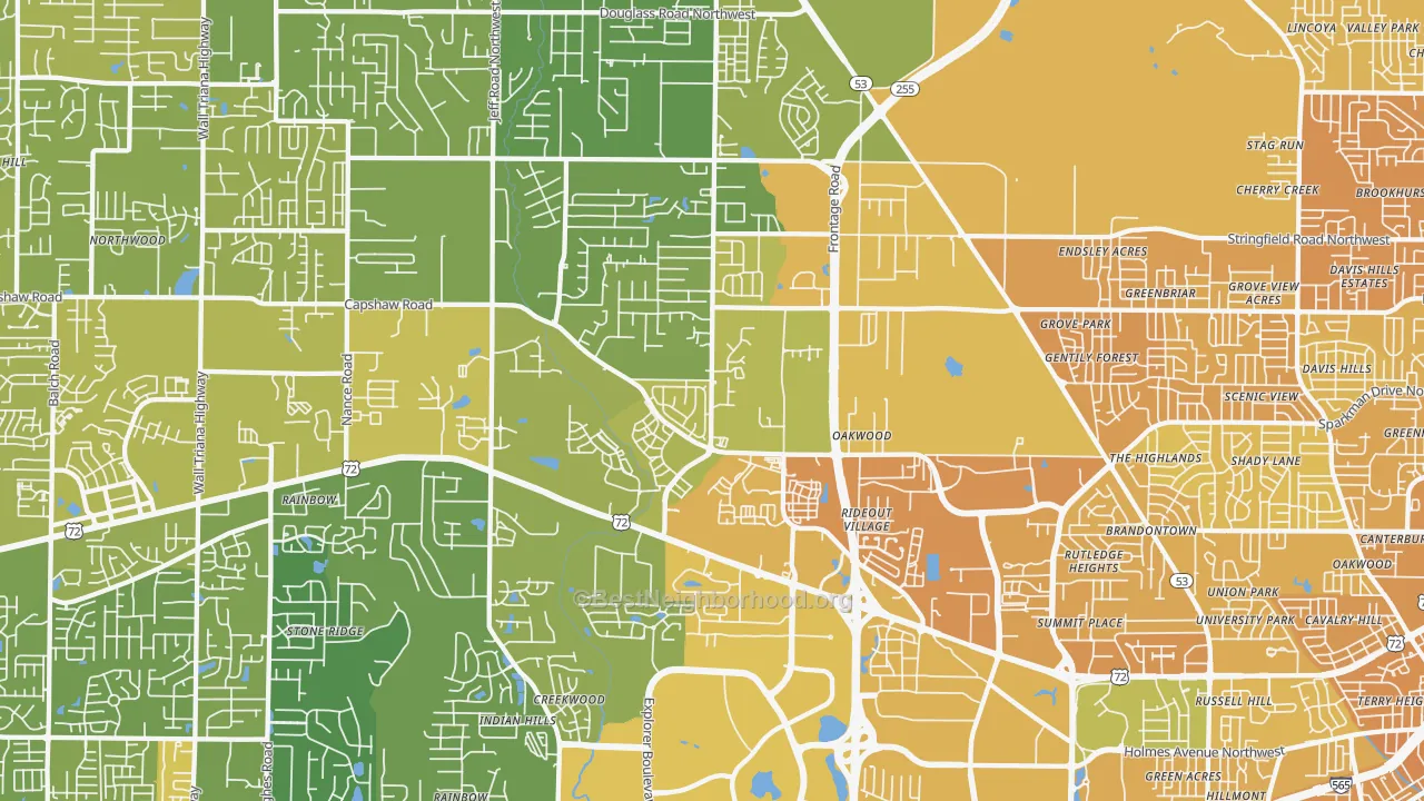 Map of the best neighborhoods in the 35806 area, with better matches in green and worse matches in red