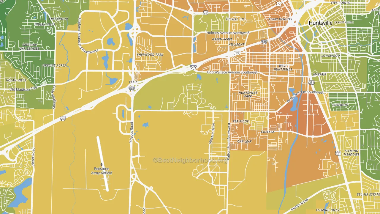 Map of the best neighborhoods in the 35808 area, with better matches in green and worse matches in red