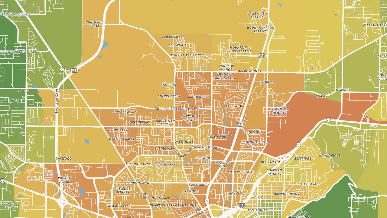 Map of the best neighborhoods in the 35810 area, with better matches in green and worse matches in red