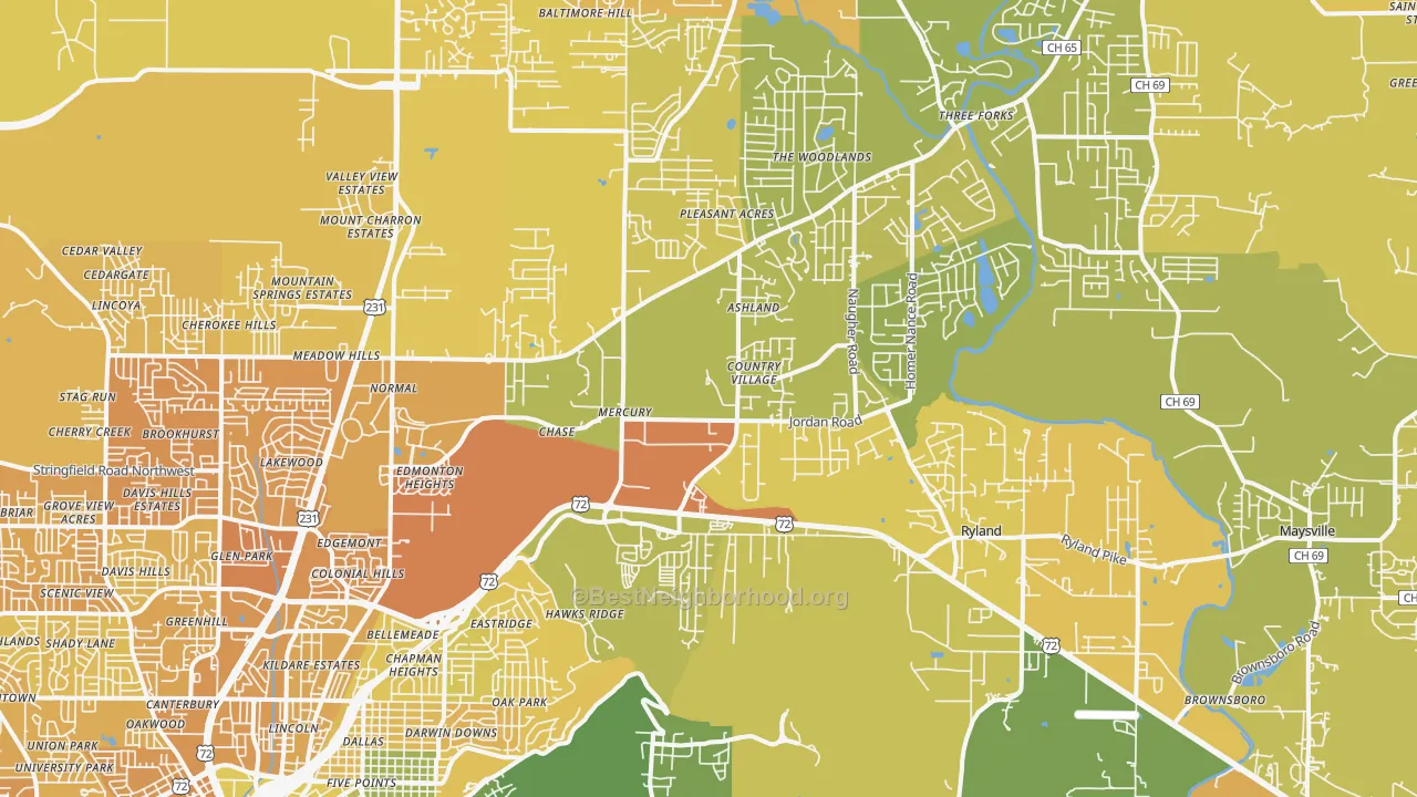 Map of the best neighborhoods in the 35811 area, with better matches in green and worse matches in red