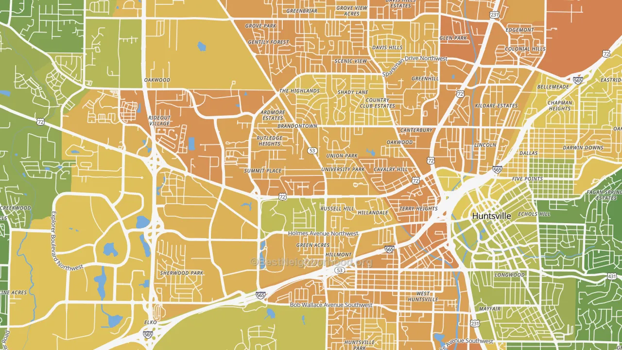 Map of the best neighborhoods in the 35816 area, with better matches in green and worse matches in red