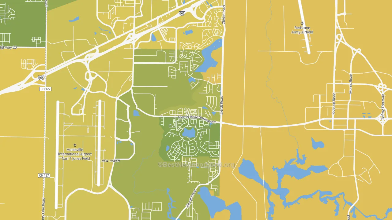 Map of the best neighborhoods in the 35824 area, with better matches in green and worse matches in red
