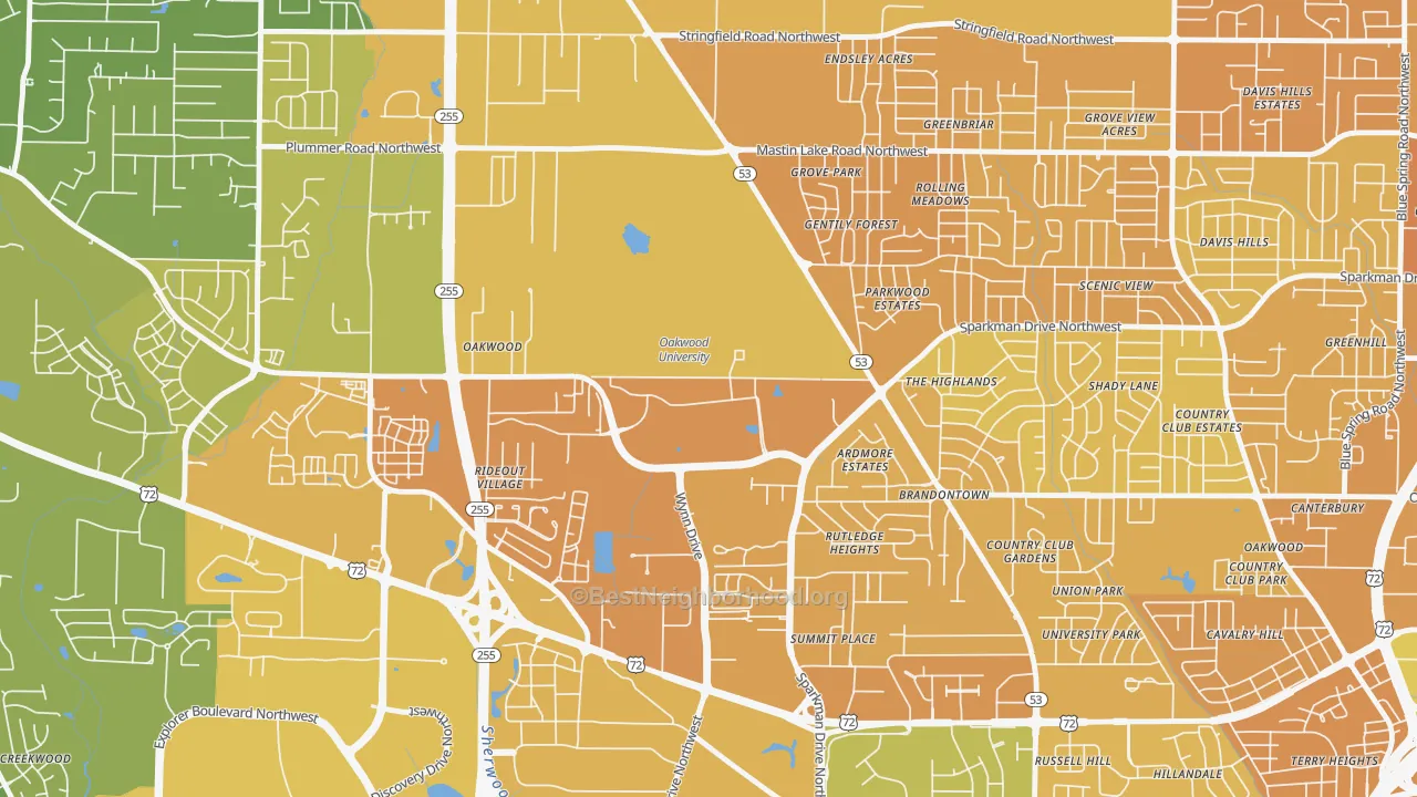 Map of the best neighborhoods in the 35896 area, with better matches in green and worse matches in red