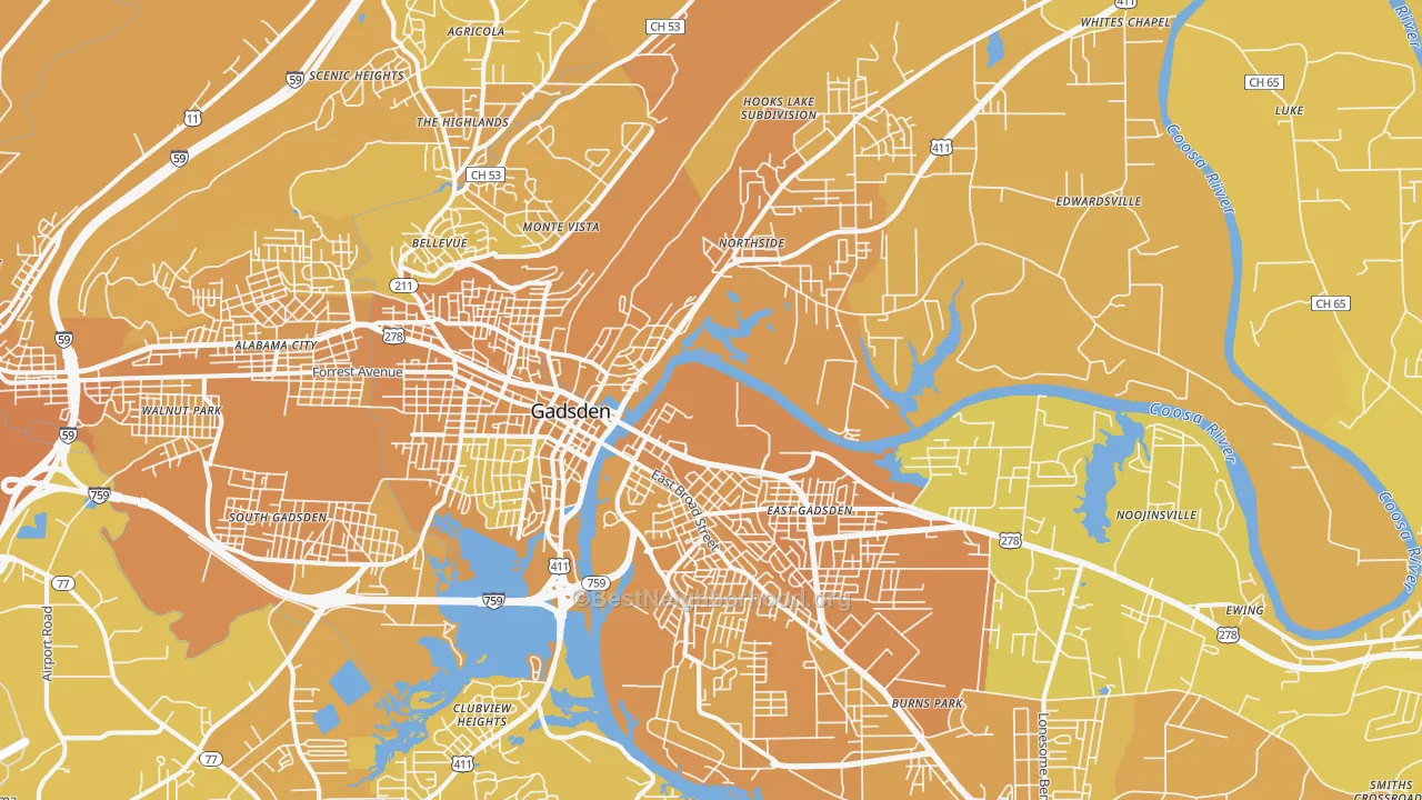 Map of the best neighborhoods in the 35901 area, with better matches in green and worse matches in red