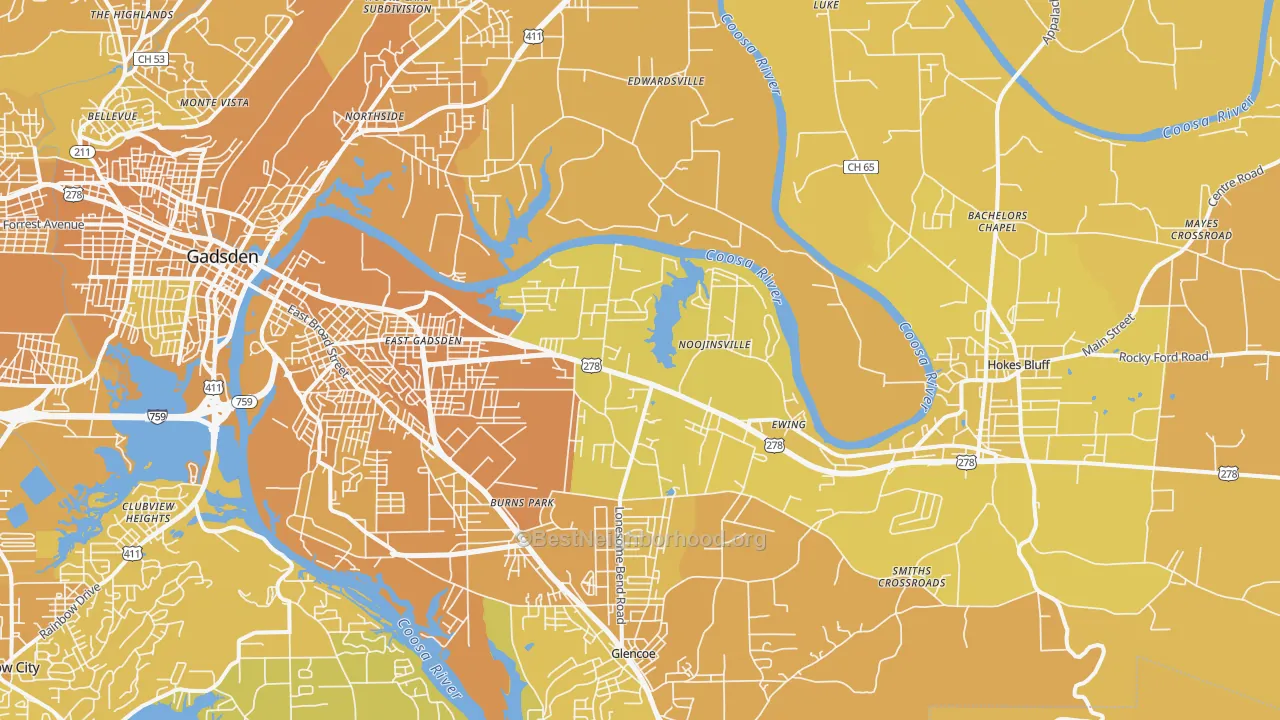 Map of the best neighborhoods in the 35903 area, with better matches in green and worse matches in red