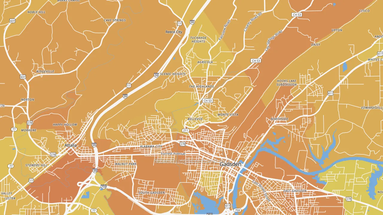 Map of the best neighborhoods in the 35904 area, with better matches in green and worse matches in red