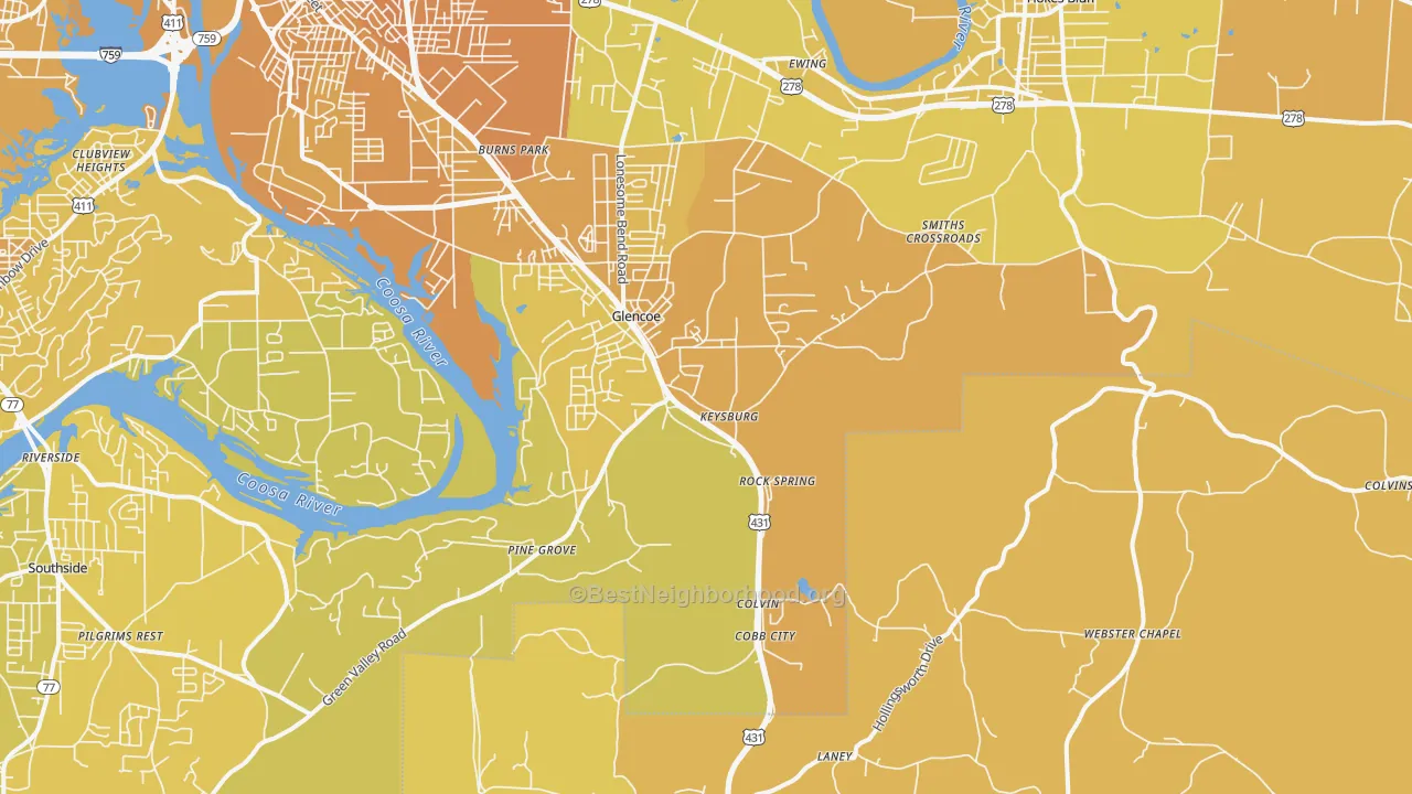 Map of the best neighborhoods in the 35905 area, with better matches in green and worse matches in red