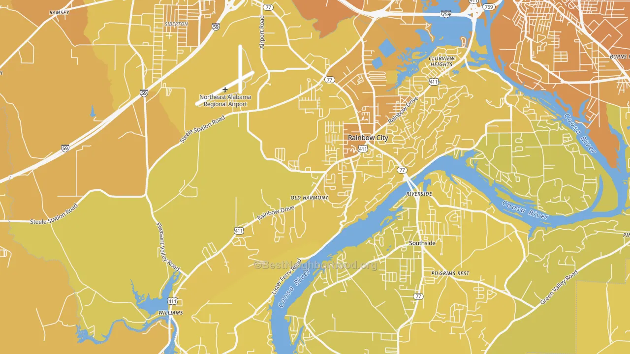 Map of the best neighborhoods in the 35906 area, with better matches in green and worse matches in red