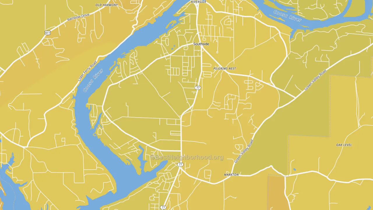 Map of the best neighborhoods in the 35907 area, with better matches in green and worse matches in red