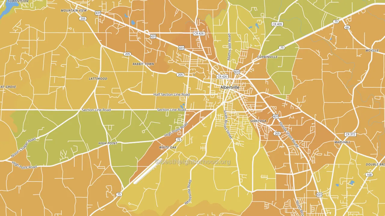 Map of the best neighborhoods in the 35950 area, with better matches in green and worse matches in red