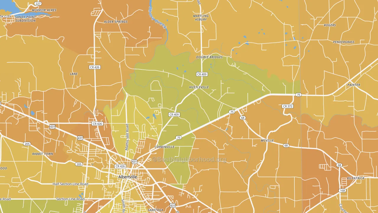 Map of the best neighborhoods in the 35951 area, with better matches in green and worse matches in red