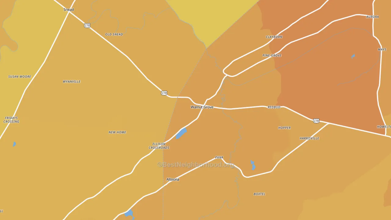 Map of the best neighborhoods in the 35952 area, with better matches in green and worse matches in red