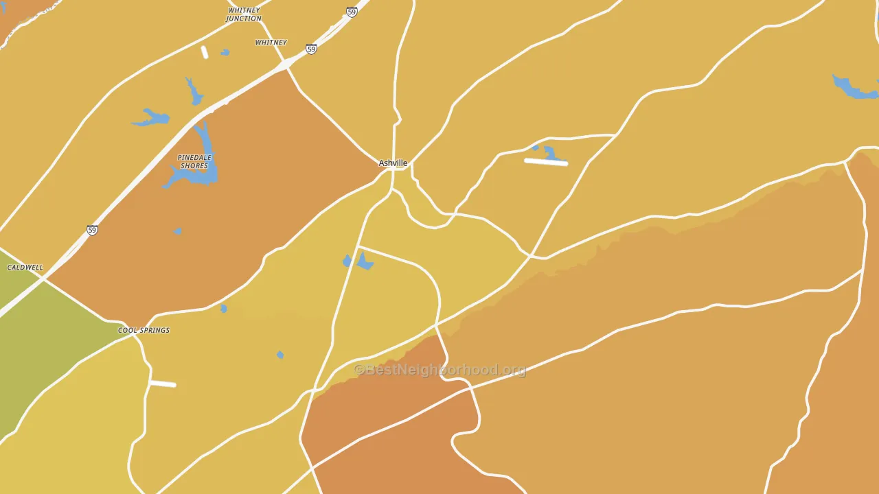 Map of the best neighborhoods in the 35953 area, with better matches in green and worse matches in red