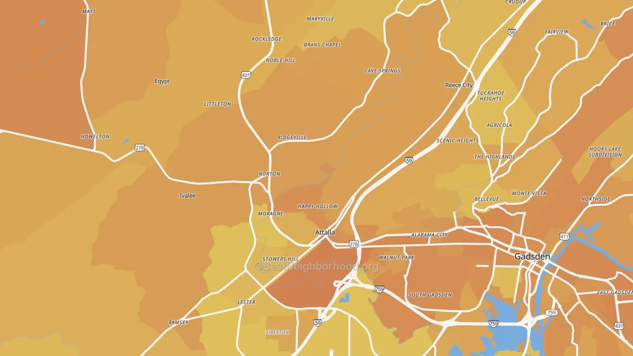 Map of the best neighborhoods in the 35954 area, with better matches in green and worse matches in red