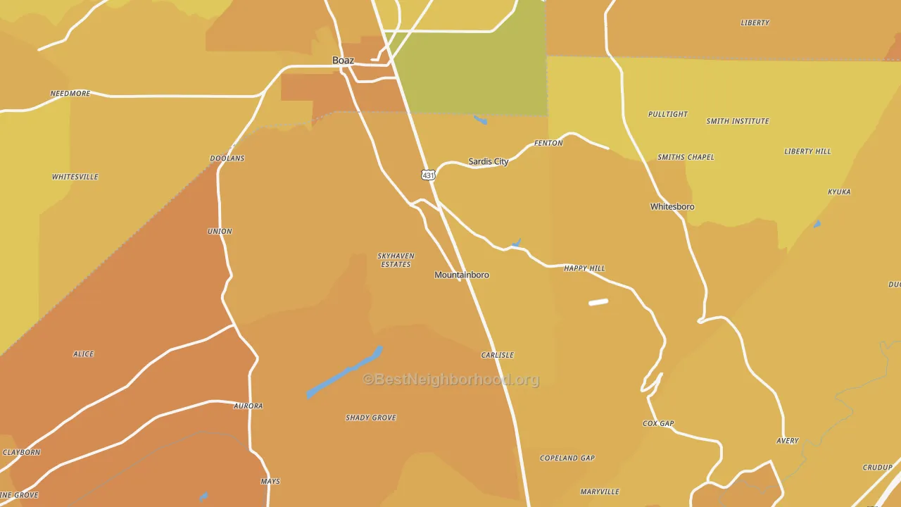 Map of the best neighborhoods in the 35956 area, with better matches in green and worse matches in red