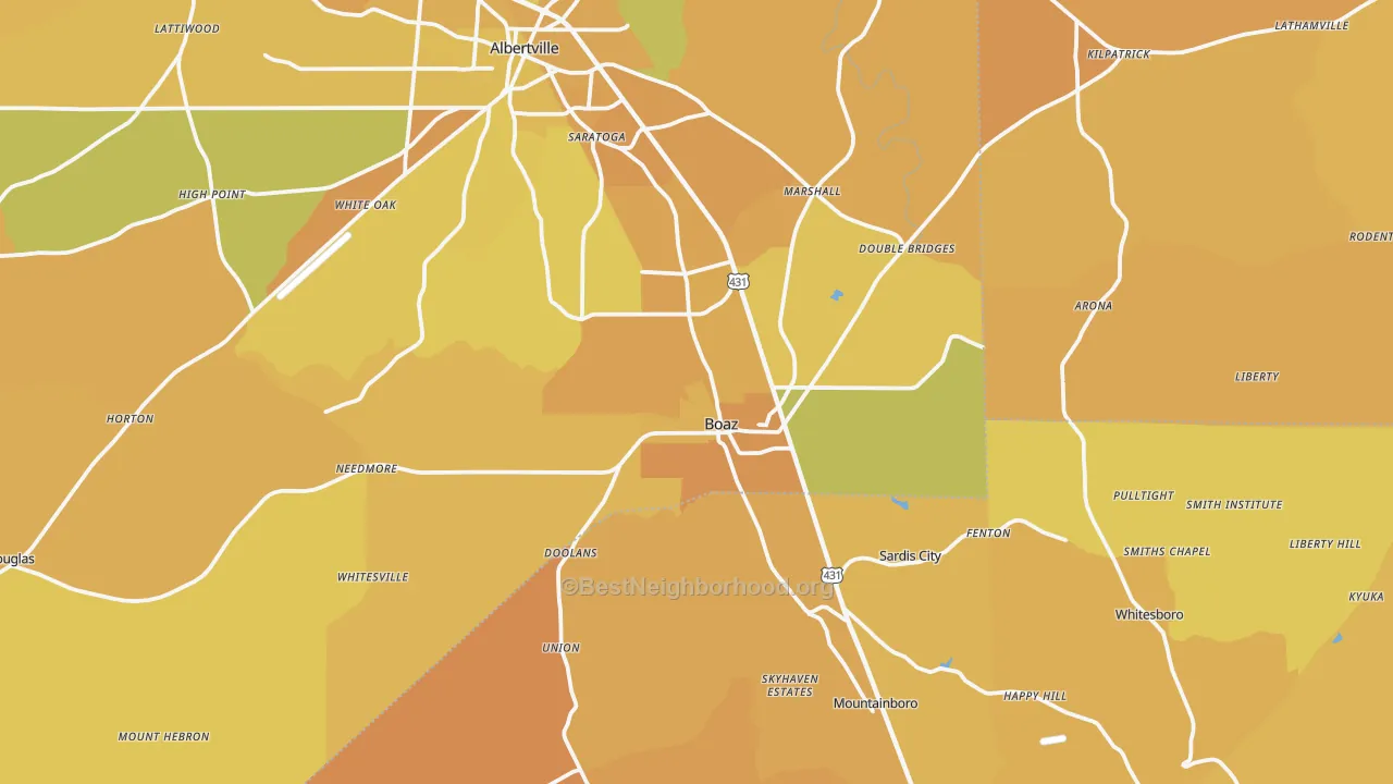 Map of the best neighborhoods in the 35957 area, with better matches in green and worse matches in red