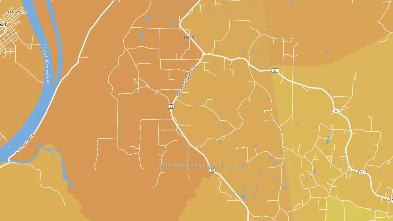 Map of the best neighborhoods in the 35958 area, with better matches in green and worse matches in red