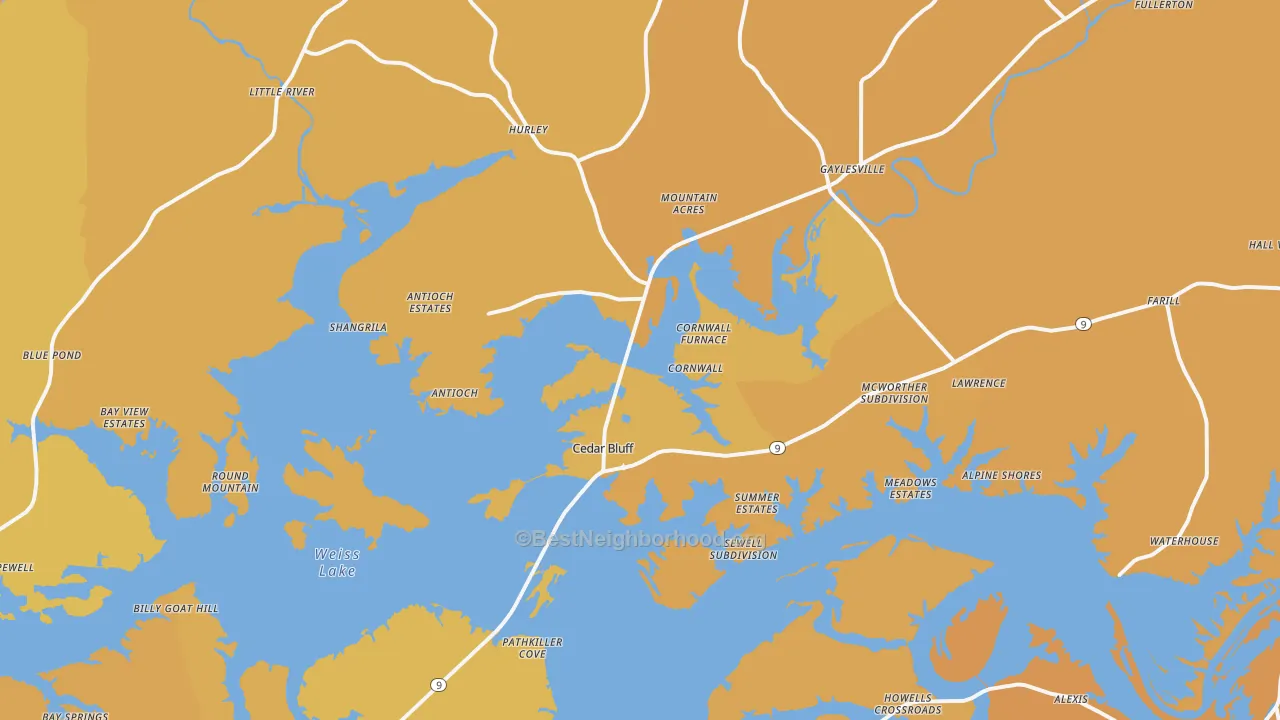 Map of the best neighborhoods in the 35959 area, with better matches in green and worse matches in red