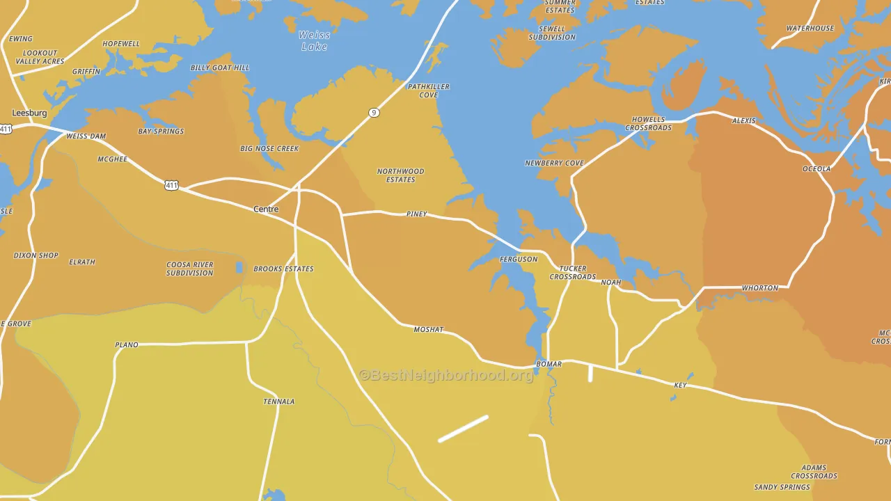 Map of the best neighborhoods in the 35960 area, with better matches in green and worse matches in red