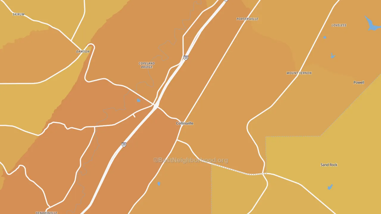 Map of the best neighborhoods in the 35961 area, with better matches in green and worse matches in red