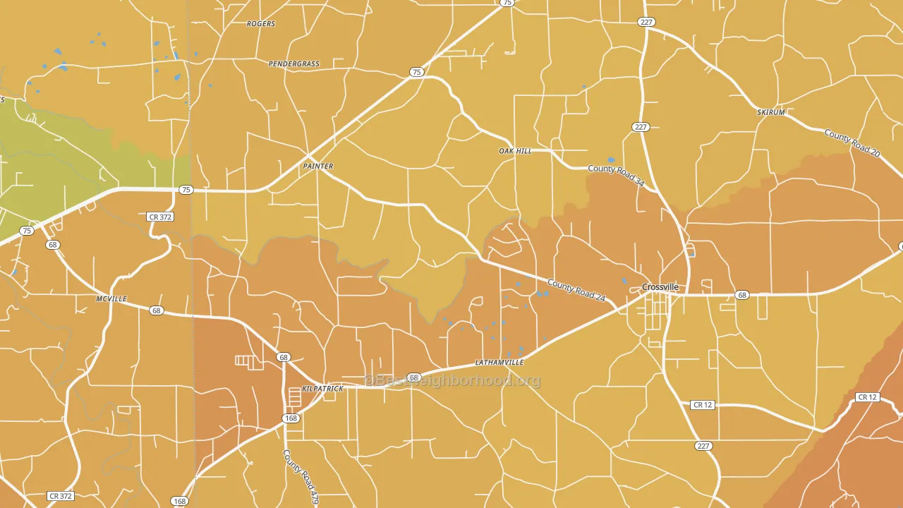 Map of the best neighborhoods in the 35962 area, with better matches in green and worse matches in red