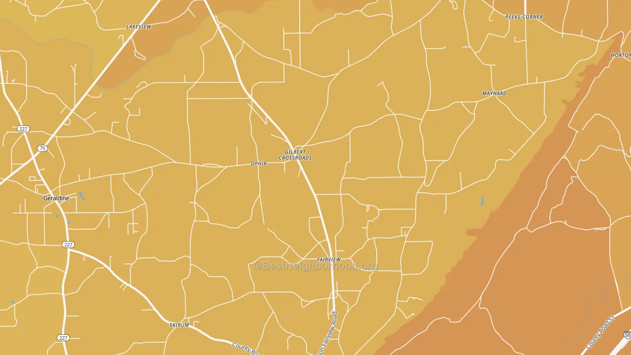 Map of the best neighborhoods in the 35963 area, with better matches in green and worse matches in red
