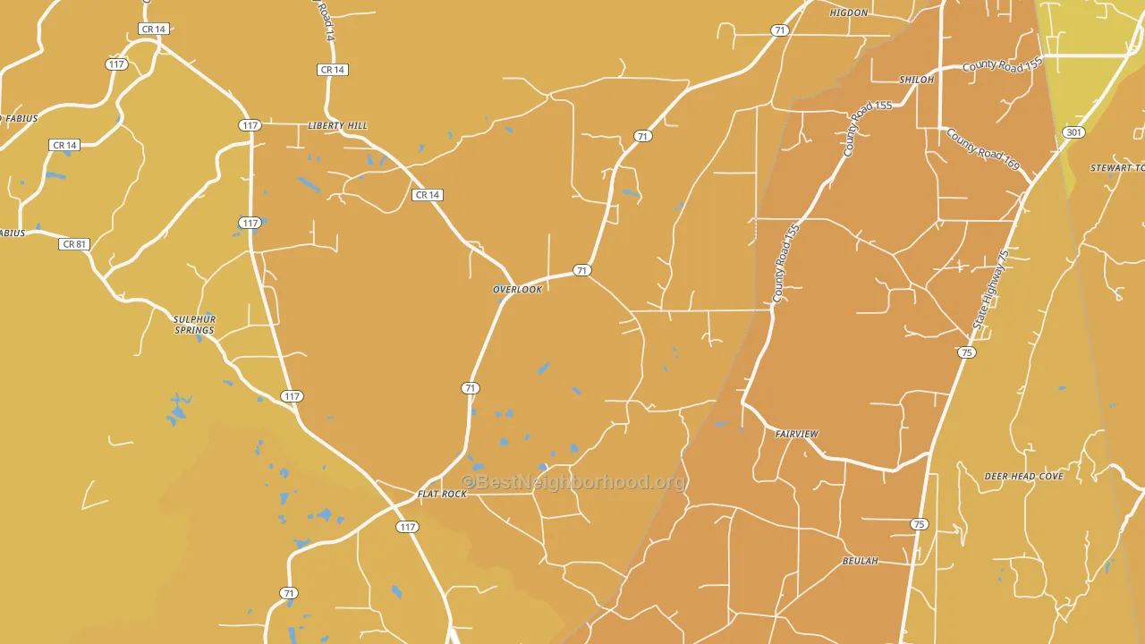 Map of the best neighborhoods in the 35966 area, with better matches in green and worse matches in red