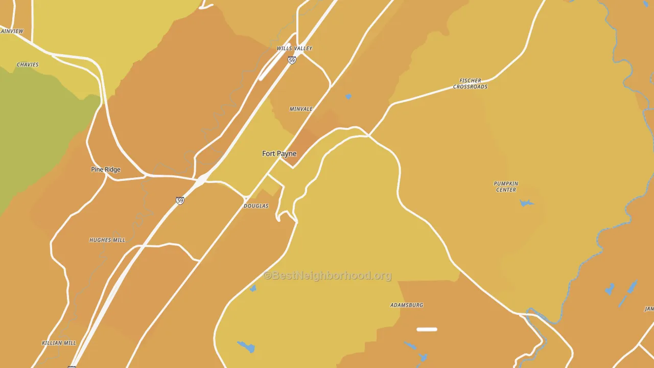 Map of the best neighborhoods in the 35967 area, with better matches in green and worse matches in red
