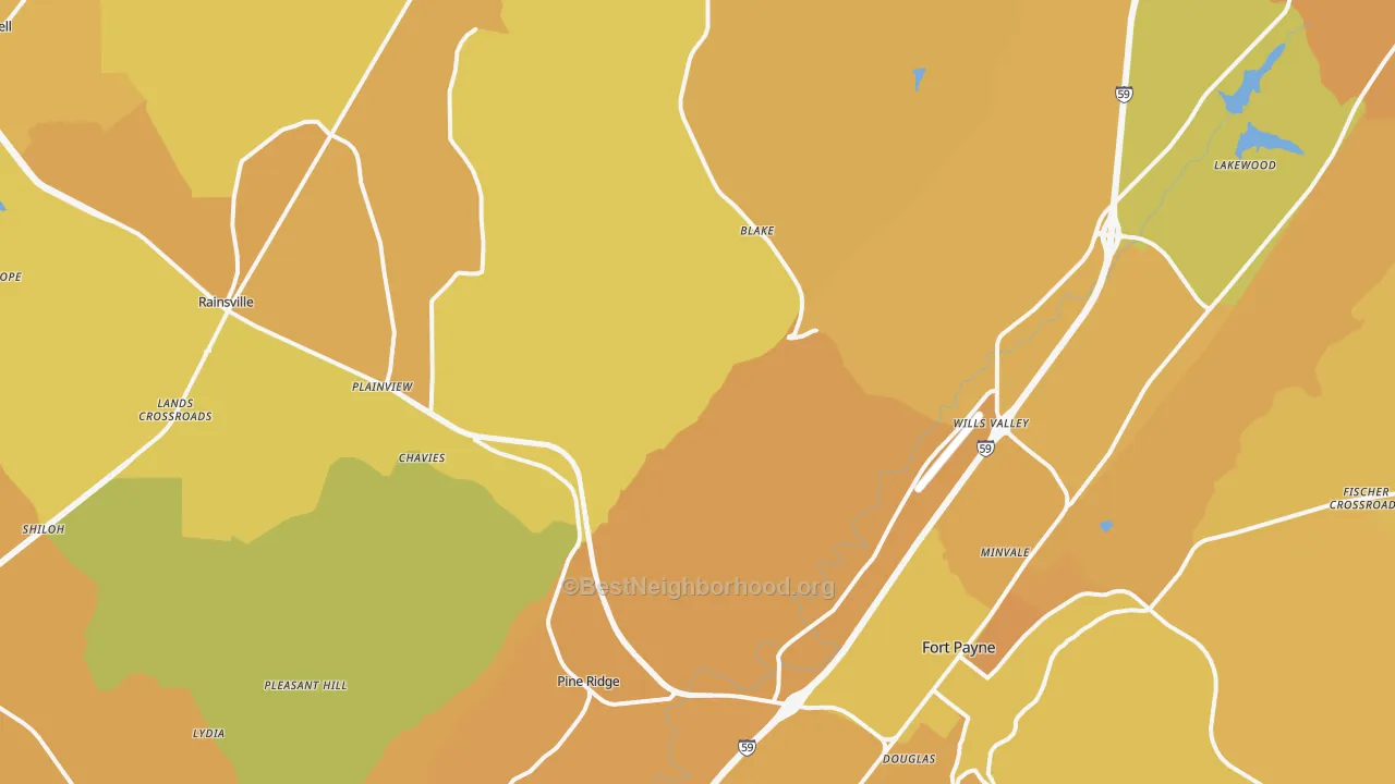Map of the best neighborhoods in the 35968 area, with better matches in green and worse matches in red