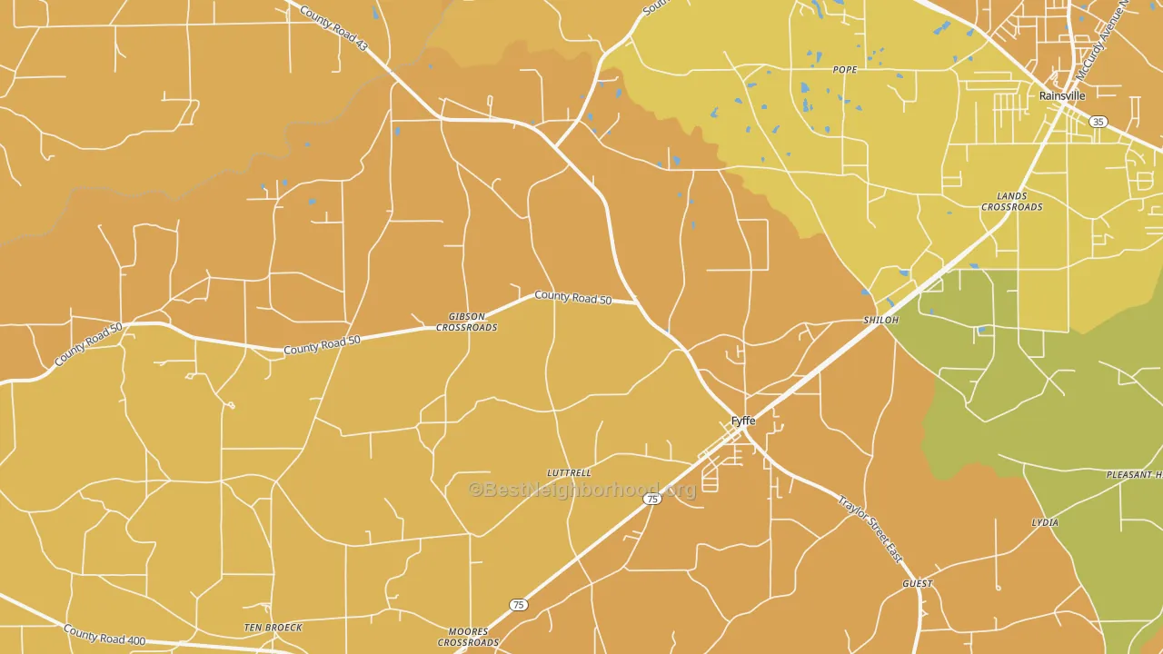 Map of the best neighborhoods in the 35971 area, with better matches in green and worse matches in red