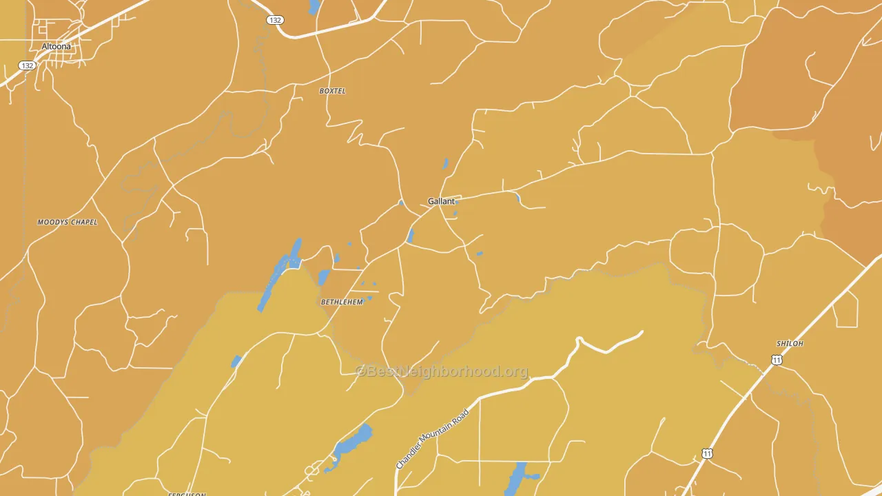 Map of the best neighborhoods in the 35972 area, with better matches in green and worse matches in red