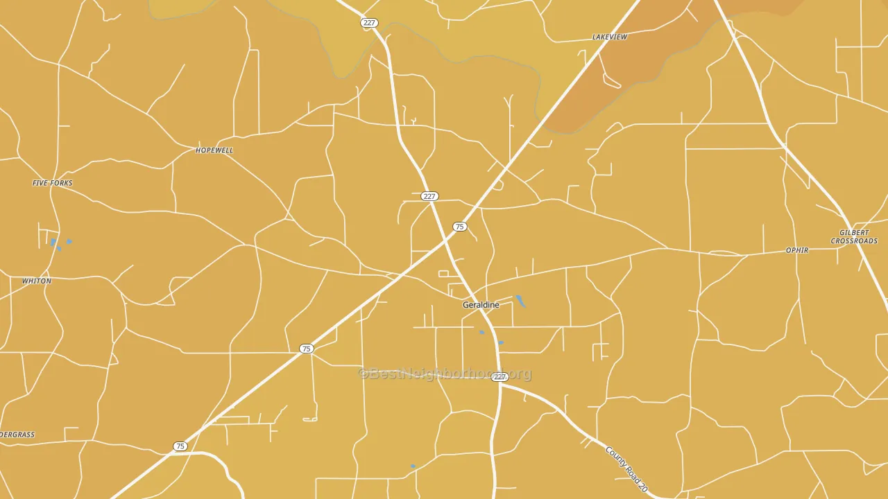 Map of the best neighborhoods in the 35974 area, with better matches in green and worse matches in red