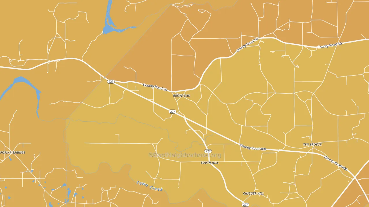 Map of the best neighborhoods in the 35975 area, with better matches in green and worse matches in red