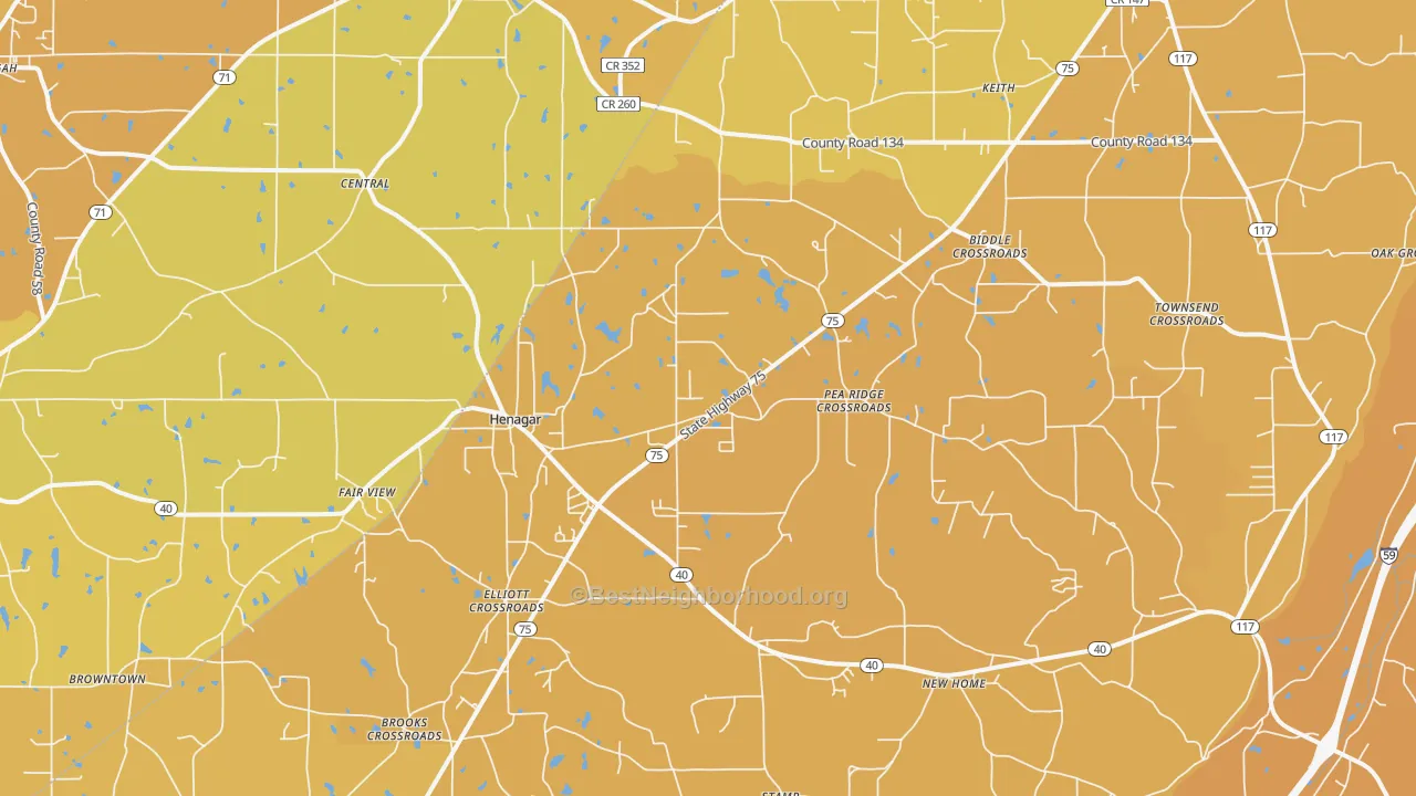 Map of the best neighborhoods in the 35978 area, with better matches in green and worse matches in red