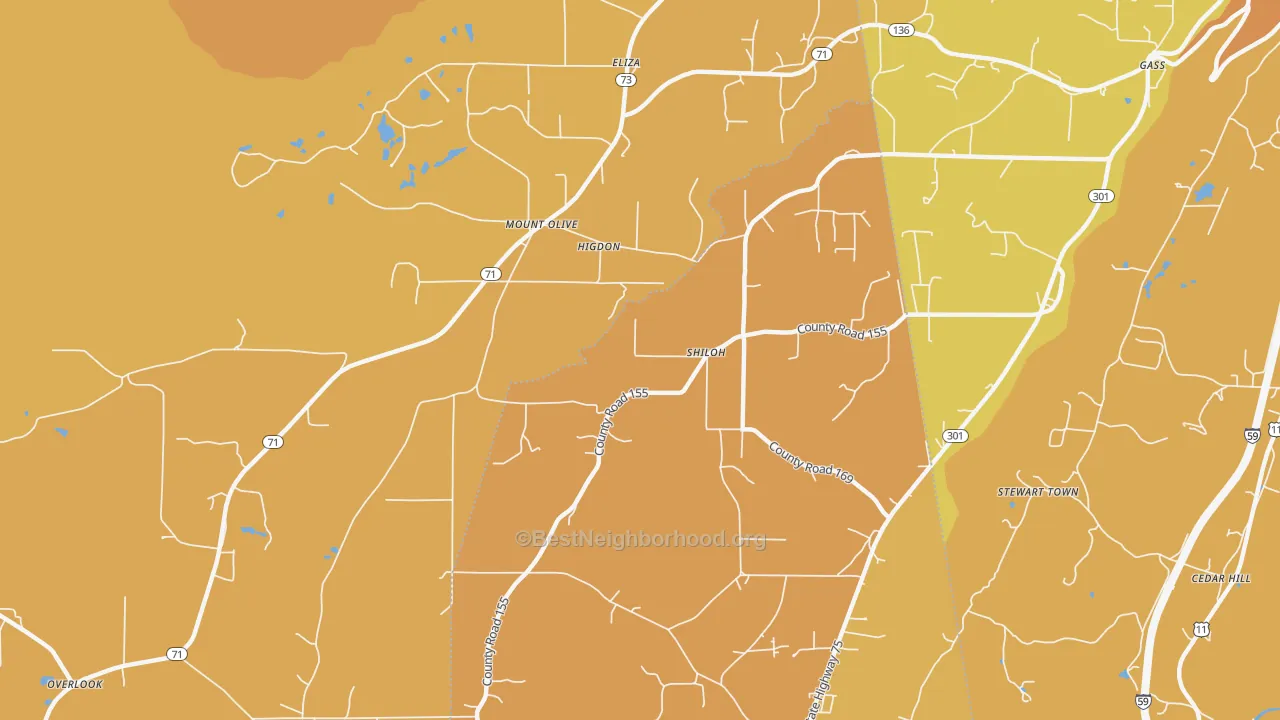Map of the best neighborhoods in the 35979 area, with better matches in green and worse matches in red