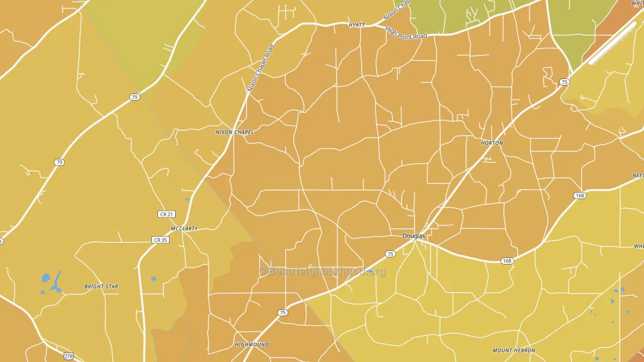 Map of the best neighborhoods in the 35980 area, with better matches in green and worse matches in red