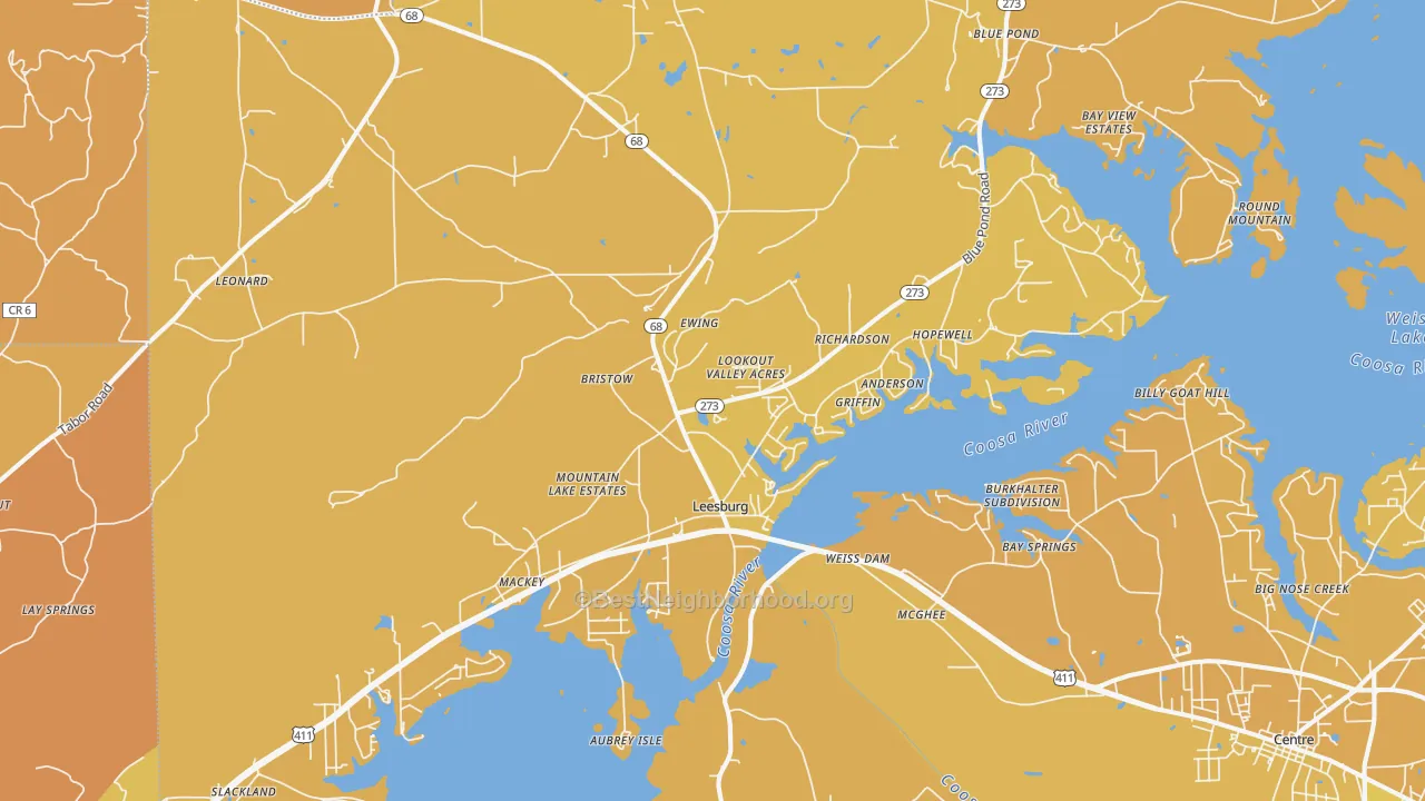 Map of the best neighborhoods in the 35983 area, with better matches in green and worse matches in red