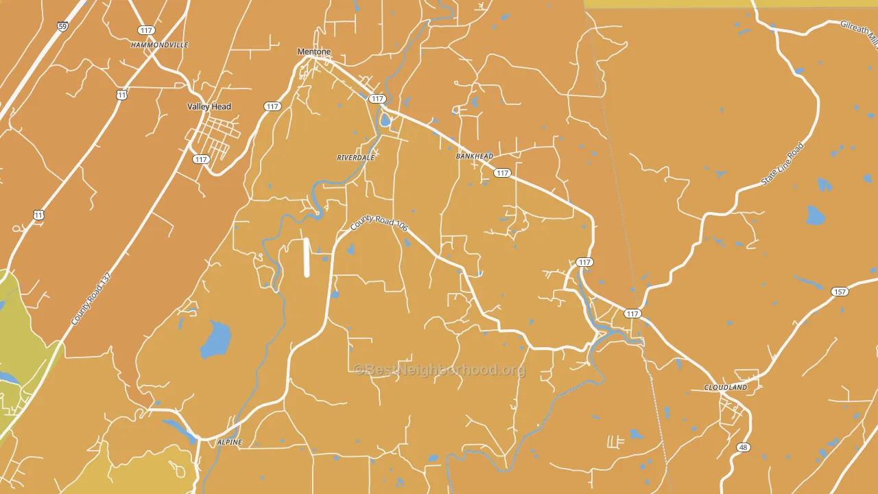 Map of the best neighborhoods in the 35984 area, with better matches in green and worse matches in red