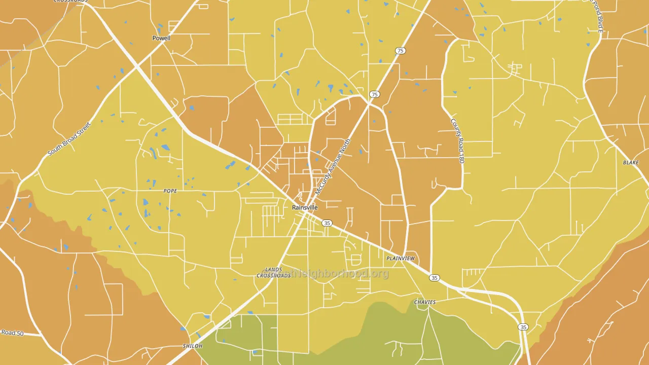 Map of the best neighborhoods in the 35986 area, with better matches in green and worse matches in red