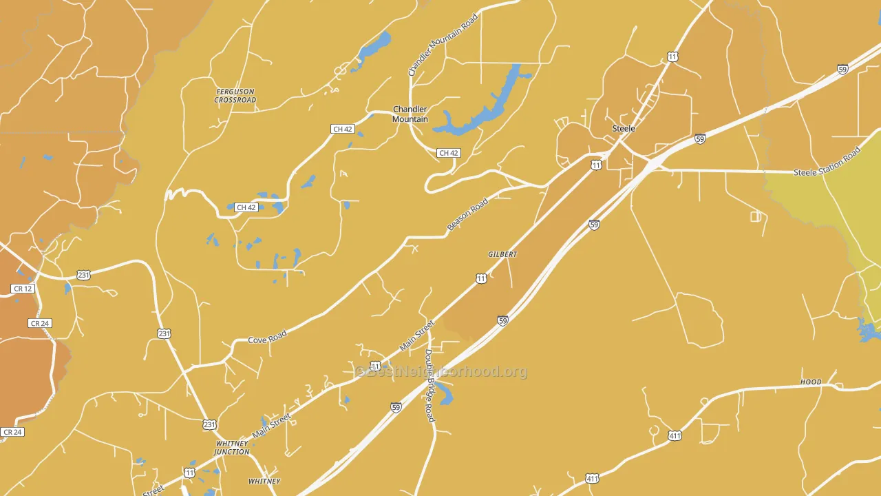 Map of the best neighborhoods in the 35987 area, with better matches in green and worse matches in red