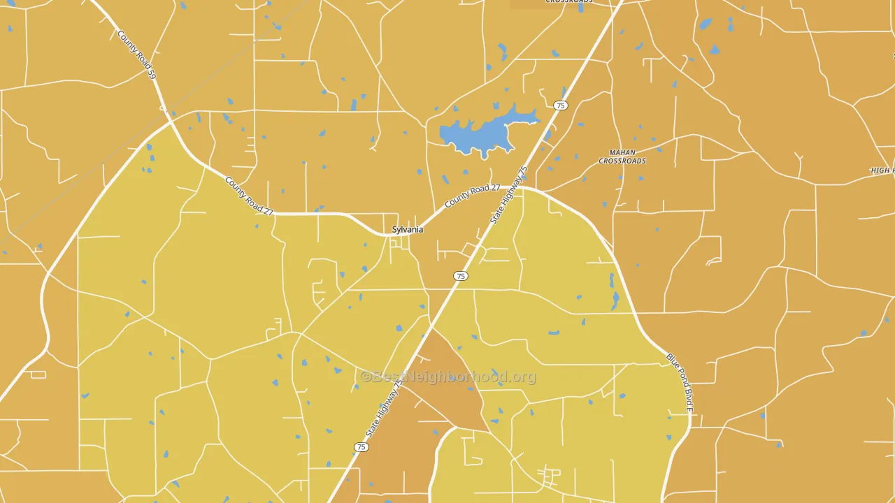 Map of the best neighborhoods in the 35988 area, with better matches in green and worse matches in red