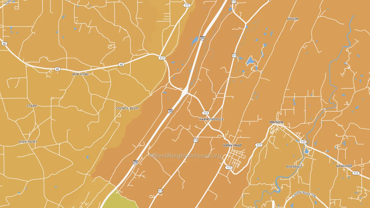 Map of the best neighborhoods in the 35989 area, with better matches in green and worse matches in red