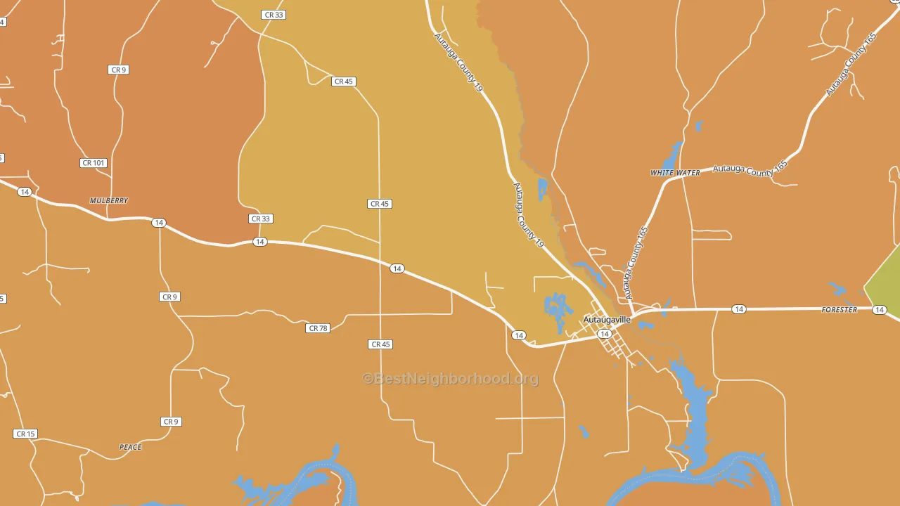 Map of the best neighborhoods in the 36003 area, with better matches in green and worse matches in red
