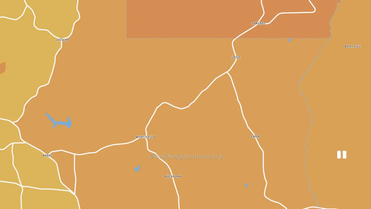Map of the best neighborhoods in the 36005 area, with better matches in green and worse matches in red