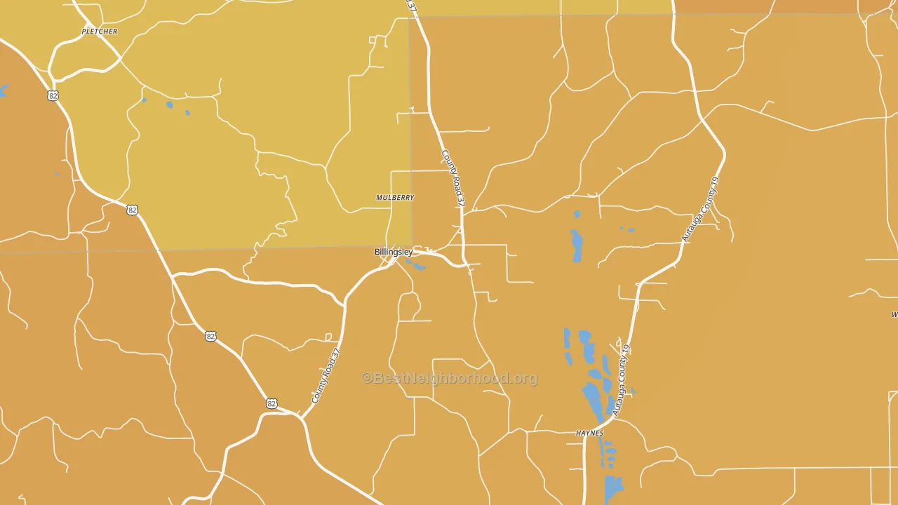 Map of the best neighborhoods in the 36006 area, with better matches in green and worse matches in red