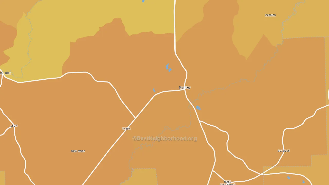 Map of the best neighborhoods in the 36009 area, with better matches in green and worse matches in red